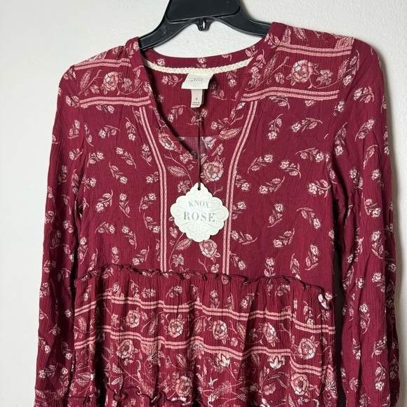 Knox Rose Red Floral Womens Long Sleeve Dress bohemian V-neck above knee - Picture 3 of 10